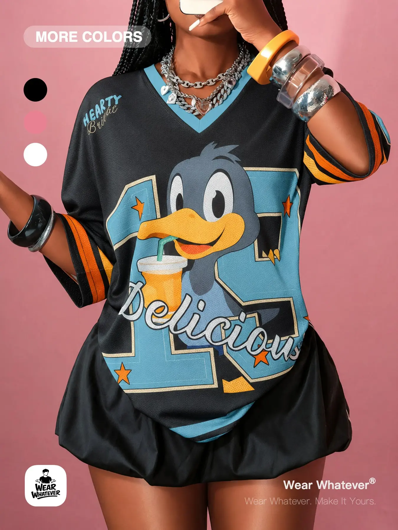 Wear Whatever Women’s Cartoon Bird Graphic Mesh Jersey Top, Oversized V Neck Number Print Sporty Tee for Y2K Streetwear, Festival, Vacation, Going Out and Casual Summer Outfits