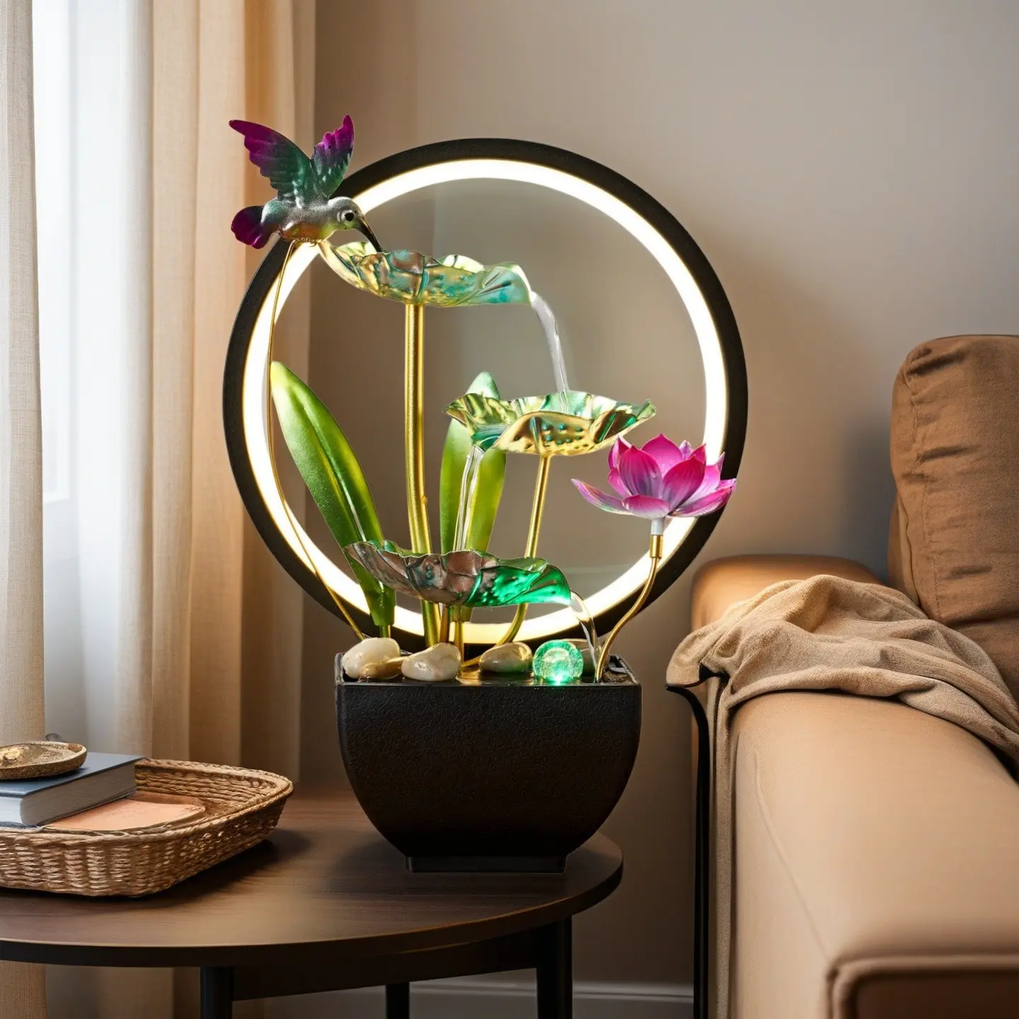 Three-Tier Hummingbird Waterfall Fountain Decor, Living Room Office Lobby Opening Gift, Business Present, Attracts Wealth, Feng Shui Ornament