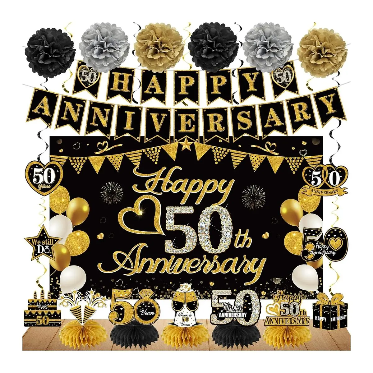 50th Anniversary Decorations Kit - Black Gold Party Supplies with Large Happy Banner Backdrop, Photo-Worthy Table Centerpieces, Swirly Hanging Swirls, Paper Pompoms, Synthetic Festive Gifts, Multiple Aluminium Accents for Wedding Party Ideas