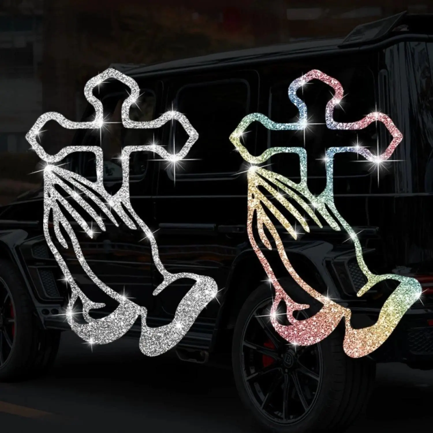 Universal Car Sticker, Religious Praying Hands Cross Glitter Window Decal, Reflective & Waterproof Vinyl for Vehicles, Waterproof Vinyl Decals, Window Decals For Vehicles