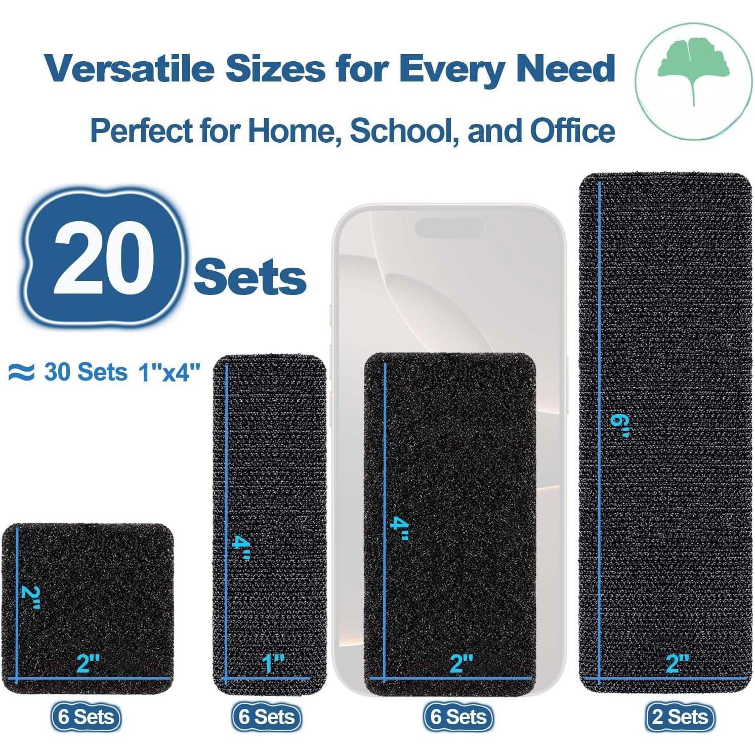 20 Sets Heavy Duty Adhesive Hook and Loop Strips - 6x2, 4x2, 4x1, 2x2 Inches  Double-Sided Fasteners for , School, Office, and Classroom Use, Black Interlocking Tape