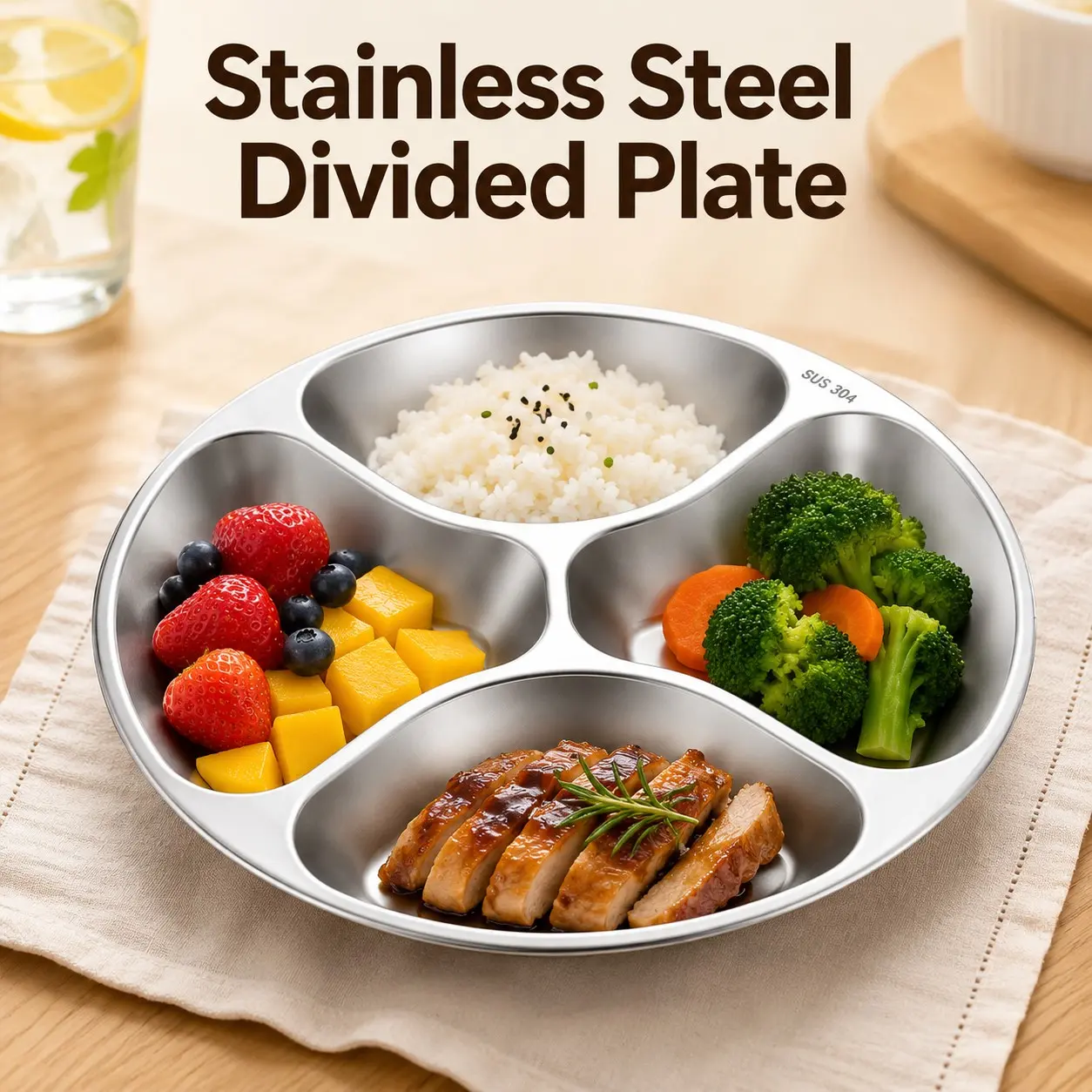 4 Compartment 304 Stainless Steel Divided Lunch Plate, Round Food Tray for Canteen Home Use