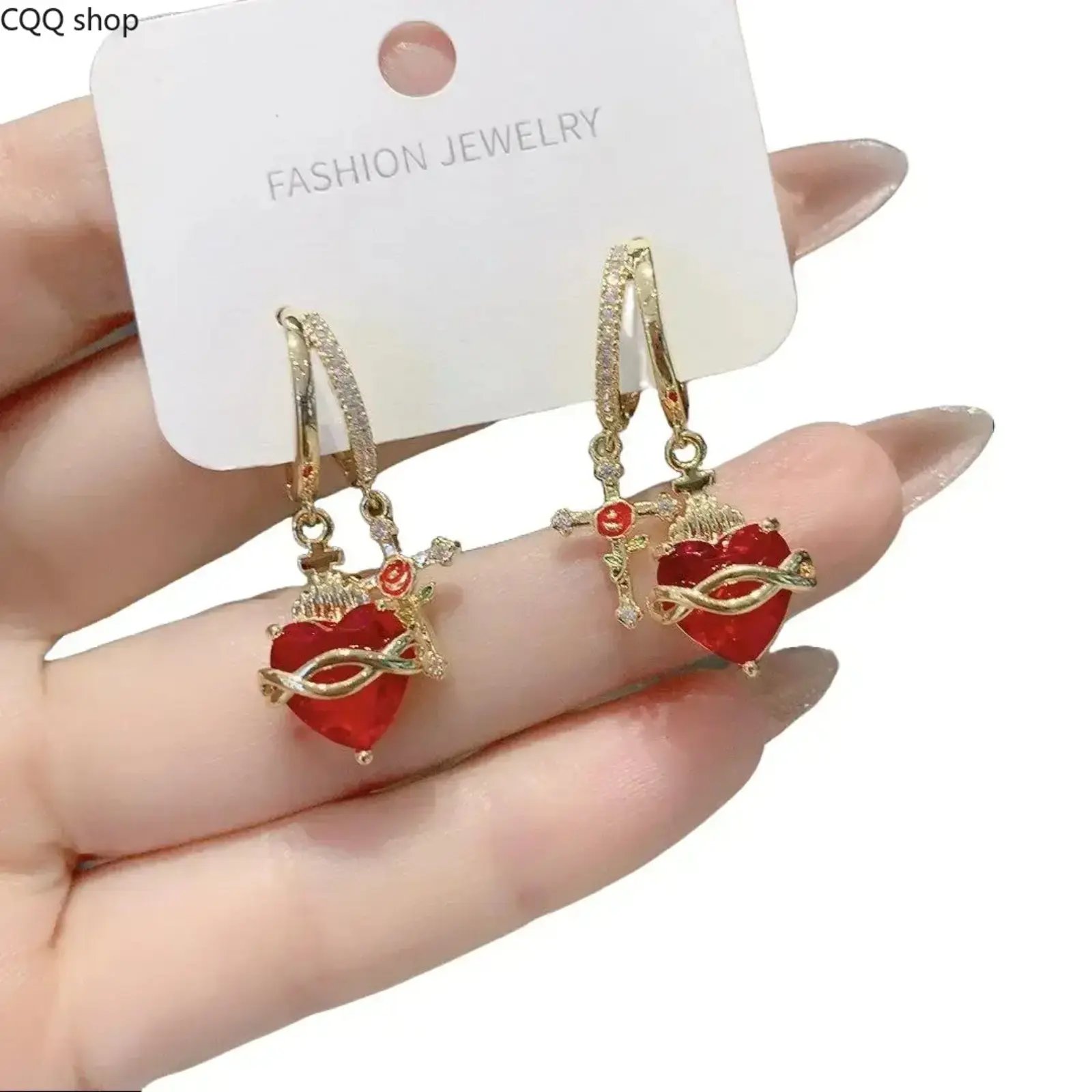 Alloy-Plated Lightweight Sacred Heart Rose Cross Dangle Earrings with Sparkling Zircon Multi Pendants, Vintage Love-Style Elegant Ear Jewelry for Daily Outfits, Parties, Romantic Holiday Gifts