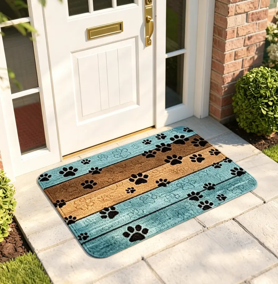 Cute Dog Paw Print Non-Slip Absorbent Vinyl Pet Mat - Floor Mats with Slip Prevention, Water Absorption, Vintage Rustic Wood Design, Washable, All Sizes, Home Supplies for Dog Shower, Bath, Doormat Use
