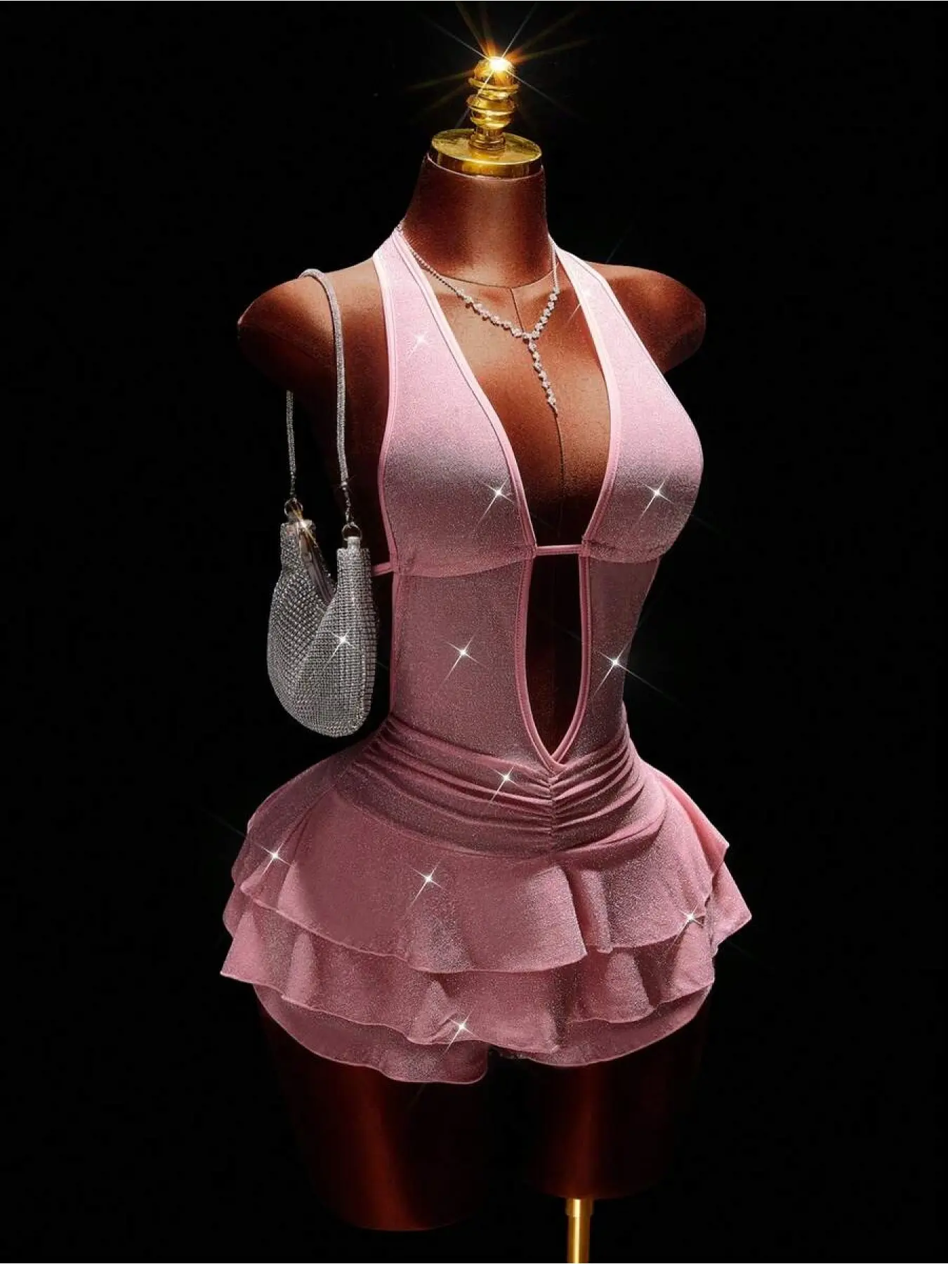Women's Shiny Pink Jumpsuit, Sexy & Avant-Garde, Suitable For Valentine's Day Date, Halter Neck Backless Cutout Asymmetrical Hem Jumpsuit