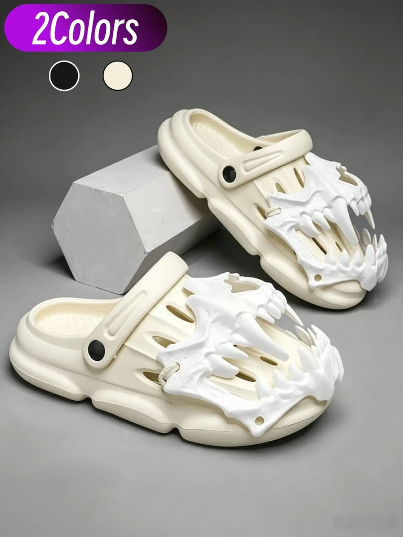 Men's trendy dinosaur skull slides unique 3D shape adjustable anti-slip thick sole versatile for home daily trips