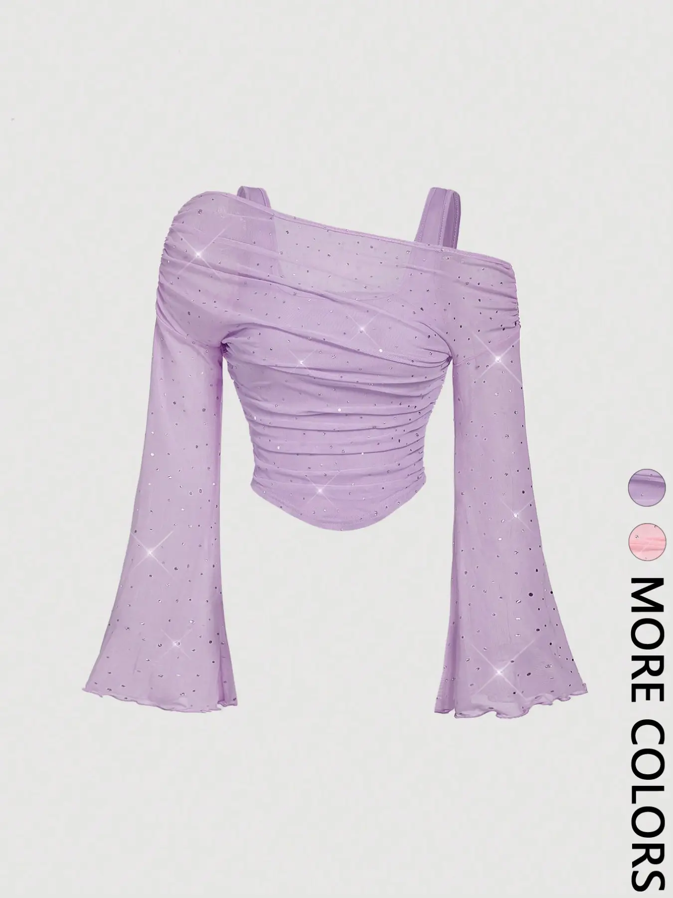 One-Shoulder Thin Strap Long Sleeve Short Top, Mesh Ruched Waist Arc Hem Flared Sleeves, Versatile Fitted Layering Shirt for Dates and Outings