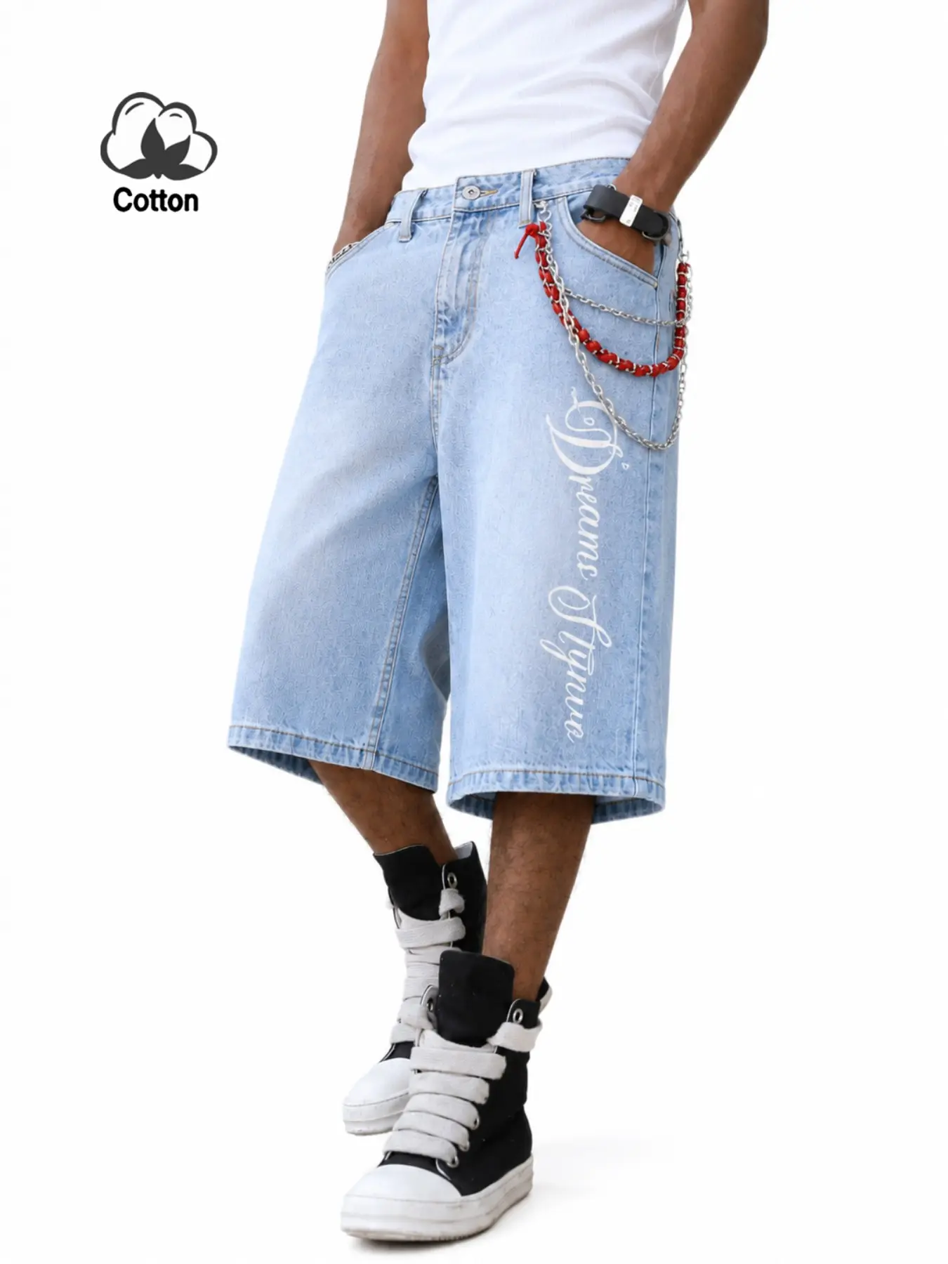 Light Wash Baggy Denim Jorts For Men, Side Cursive Script Embroidery Knee Length Jean Shorts, Chain Decor Y2K Hip Hop Loose Fit Bottoms, Vintage Streetwear Casual Summer Fashion Shorts
