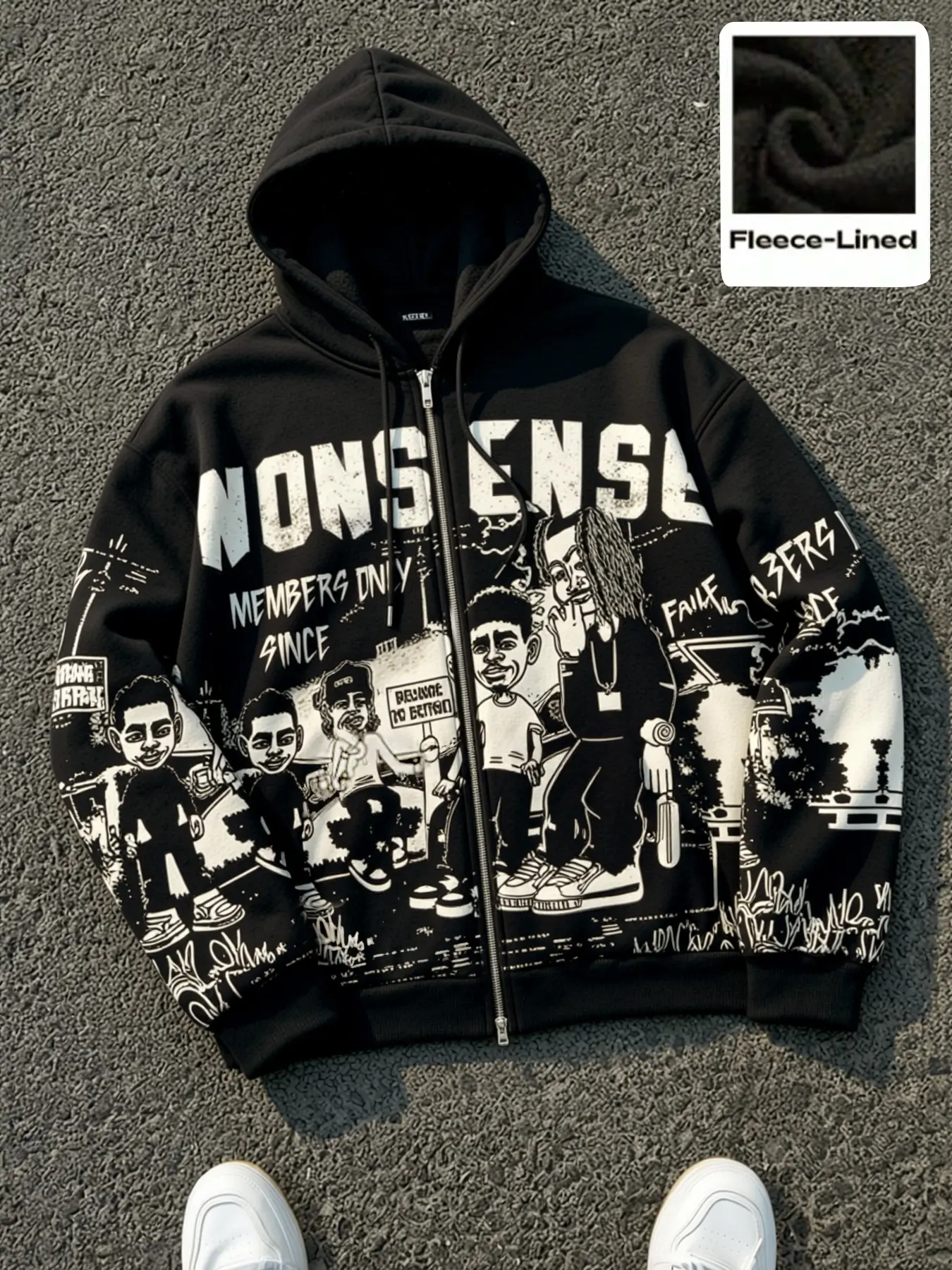 American Hip Hop Cartoon Full Print Fleece Lined Zipper Hoodie, Vintage Distressed Letter High Street Loose Fit Oversized Long Sleeve Sweatshirt, Fall & Winter, Zipper Hooded Sweatshirt