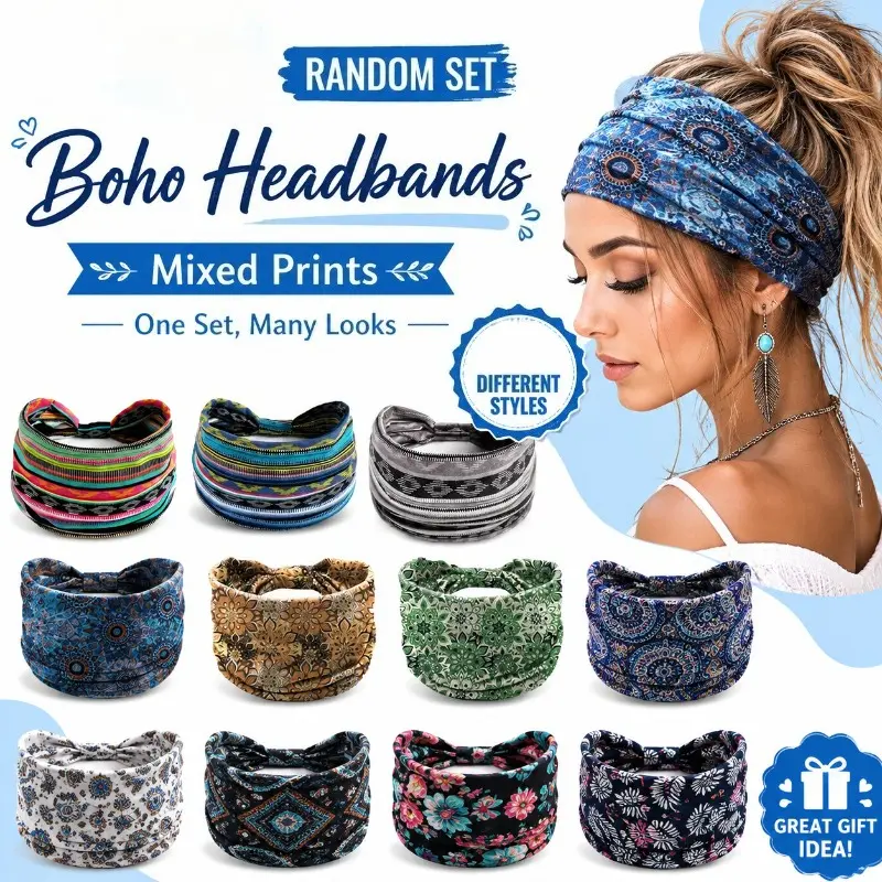 6 Pcs Random Boho Wide Headbands for Women, Mixed Printed Turban Hair Wraps, Fashion Non Slip Hair Accessories for Daily Travel