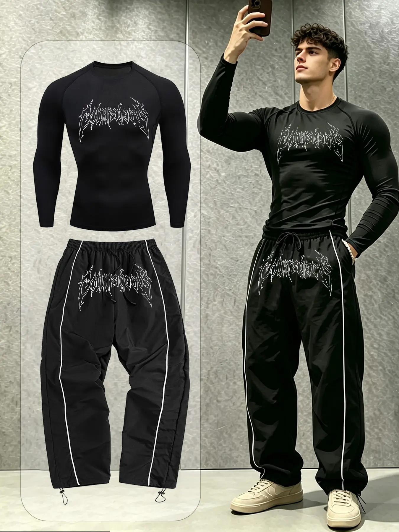 Men's Gothic Letter Print Fitness Set, Stretch Fitted Quick-Dry Long Sleeve Top, Side Stripe Wide Leg Sport Pants, Letter Print Sweatsuit, All Seasons