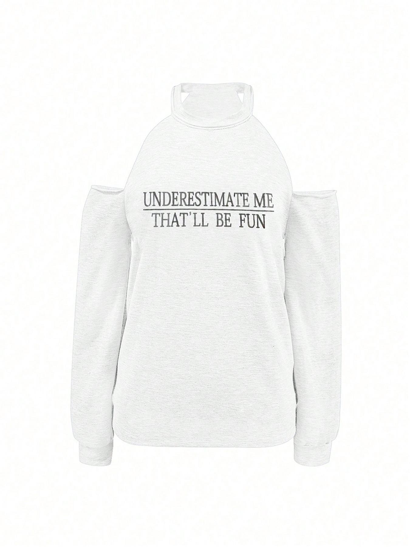 Women's Letter Print Cold Shoulder Tee, Casual Long Sleeve T-shirt for Daily Wear, Ladies Clothes for All Seasons