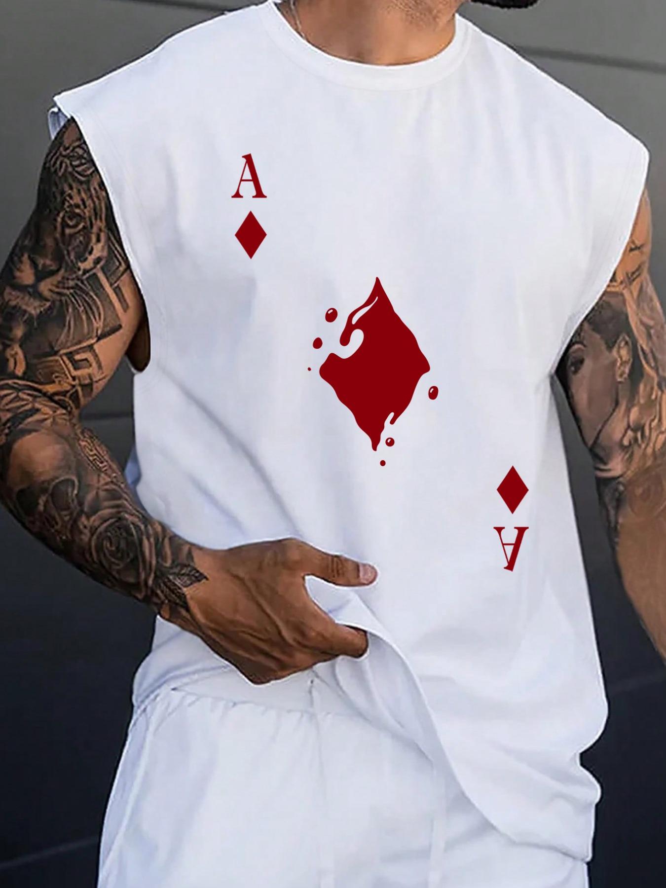 Men's Playing Card Print Round Neck Sleep Tank Top, Casual Soft Comfortable Regular Fit Sleeveless Sleep Top for All Seasons, Menswear Loungewear for Daily Wear