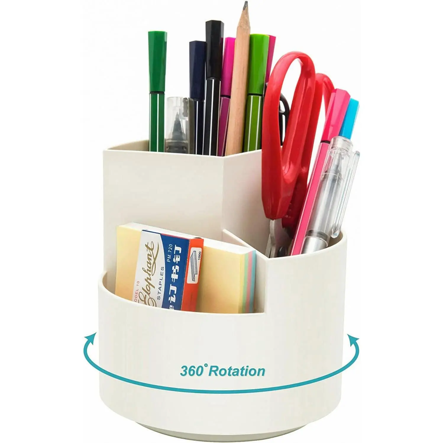 White 3-Slotted ABS Plastic Desk Pen Holder with 360° Rotation - Office Desk Organizer for Stationery Supplies, Organizes Items for Office Use, Three Slotted