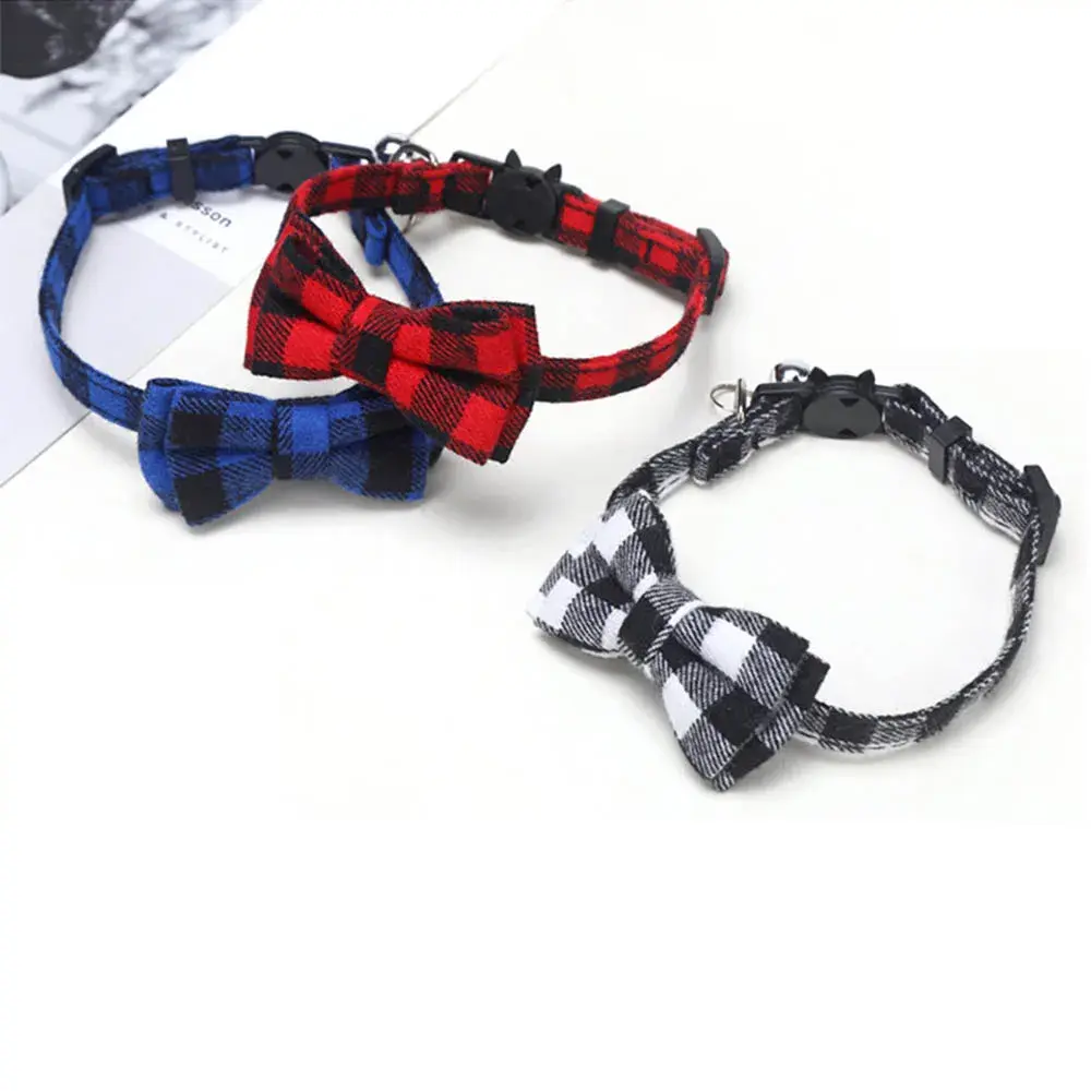 Christmas Plaid Cat Collar with Bow Tie and Bell, Breakaway Safety Buckle, Adjustable Elastic Holiday Pet Collar for Cats and Small Dogs