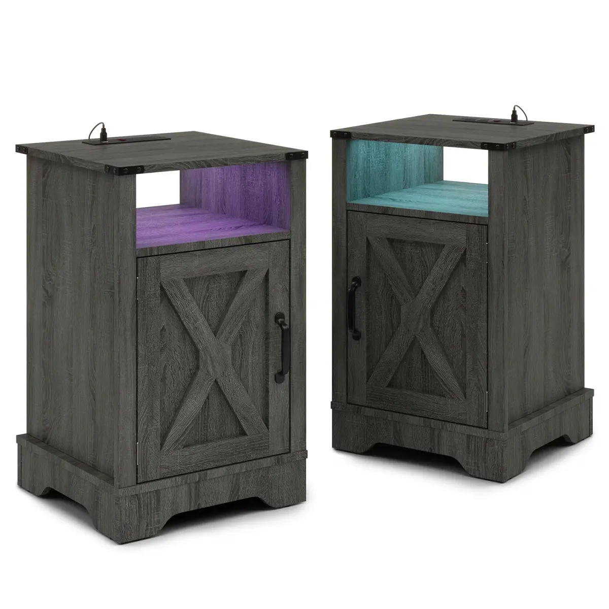 [Bellemave]LED Nightstand Set of 1-2 with Charging Station, Bedside Table with Storage Cabinet and Shelf, Rustic End Table, Farmhouse Wooden Side Table, for Bedroom, Living Room, Dark Gray On-Site