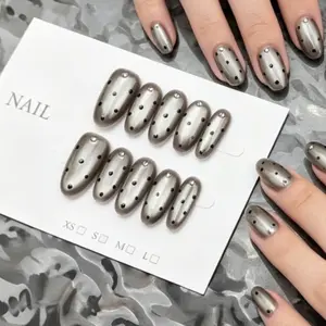 Handmade Short Oval Grey Silver Sparkly Cat Eye Press-On Nails with Black Polka Dots & Mini Rhinestones, Minimal Dark Elegant Removable False Nails for Daily Commute, Comes with Jelly Glue & Nail File