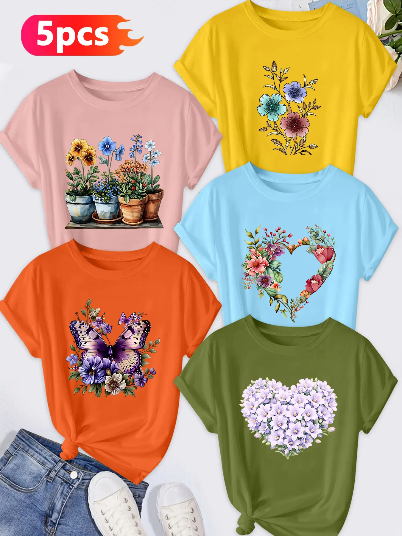 5Pcs Plus Size Women Crew Neck T-Shirt, Potted Flower Butterfly Graphic Heart Floral Fresh Print, Multi-color Washable Spring Summer Top, Soft Skin-friendly Fabric Daily Versatile Fashion Design