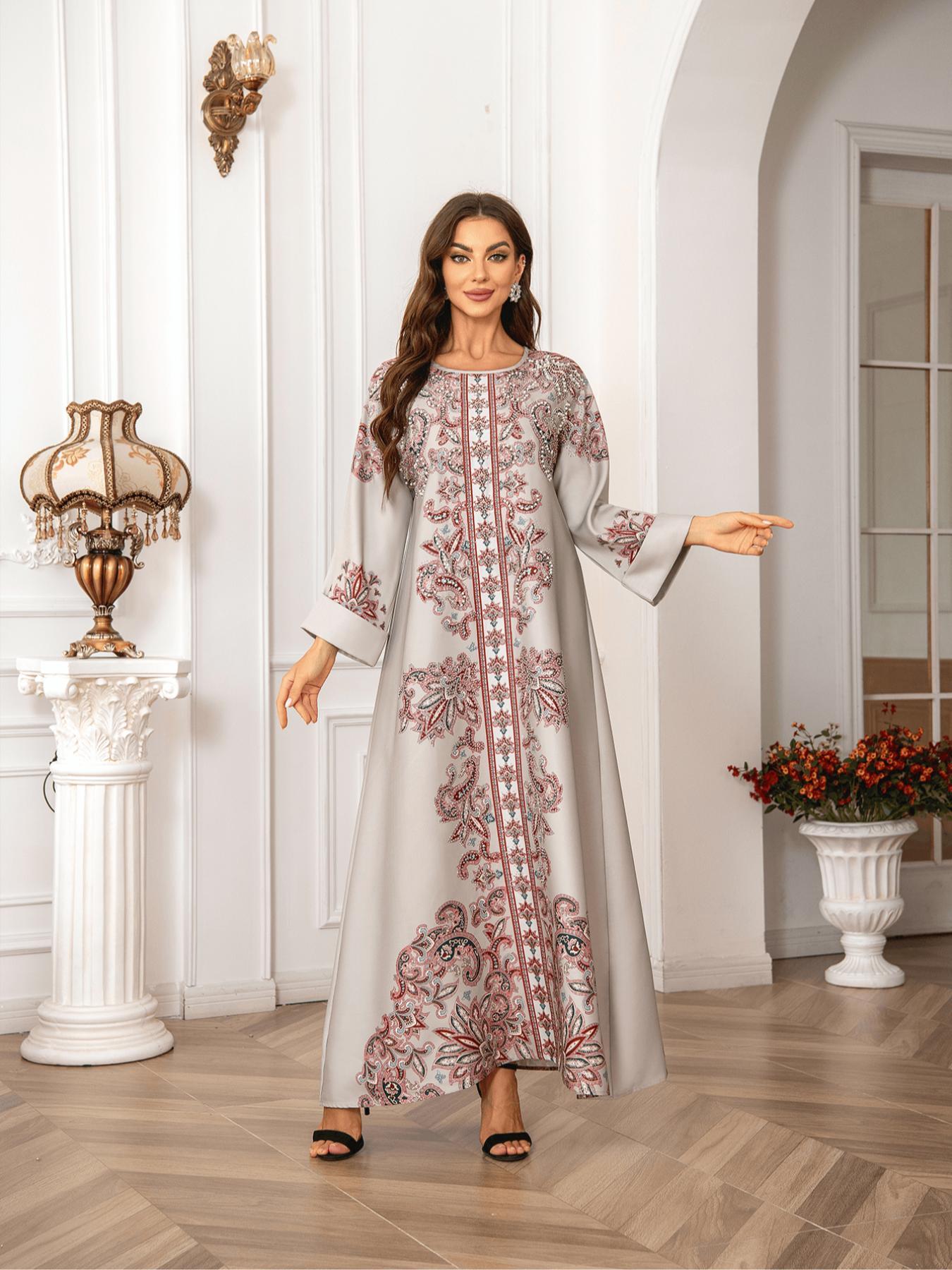 Elegant Boho Muslim Women's Long Robe, All over Print, Loose-Fitting, Round Neck, Flap Sleeves, Long Sleeve, All Seasons