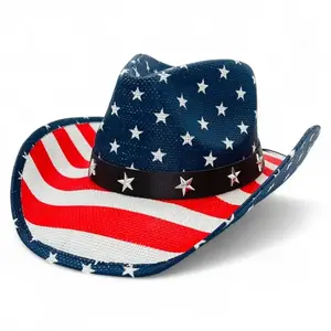 American Flag Printed Western Cowboy Hat, Trending Unisex Hard Shell Sun Hat, Retro Patriotic Wide Brim Outdoor Headwear,solid shell shaping & effective UV protection,perfect for holiday parades,western style parties,farm trips and casual outdoor outings