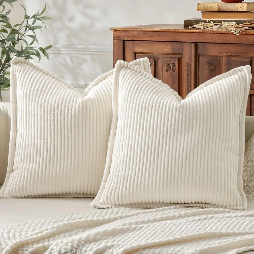 Soft Corduroy Square Fall Throw Pillow Covers, 18x18 in Set of 2 Cream White - Striped Textures, Broadside Design, Neutral Boho Pillow Cases for Sofa, Living Room Home Décor
