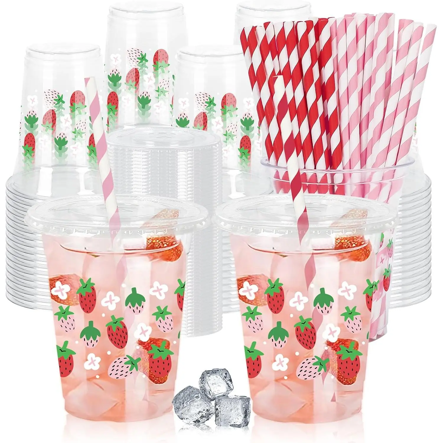 50Pcs 12Oz Strawberry Floral Cups with Lids & Pink Red Strawberry Flower Clear Disposable Cups for Summer Supplies
