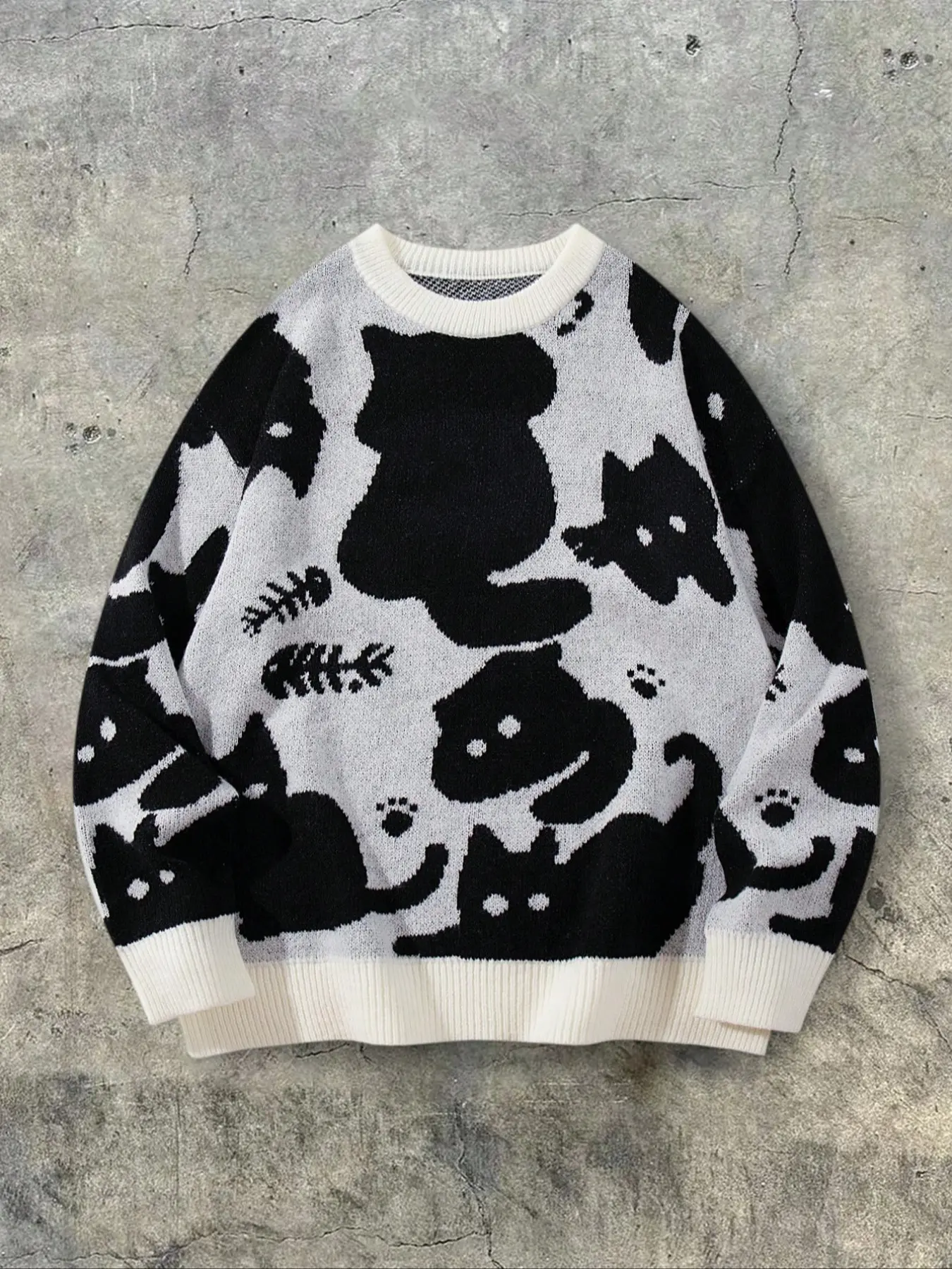 Unisex Cartoon Cat Pattern Sweater, Loose-Fit Long Sleeve Round Neck Top, Casual H-Type Design, Ideal for Daily Wear & Commuting