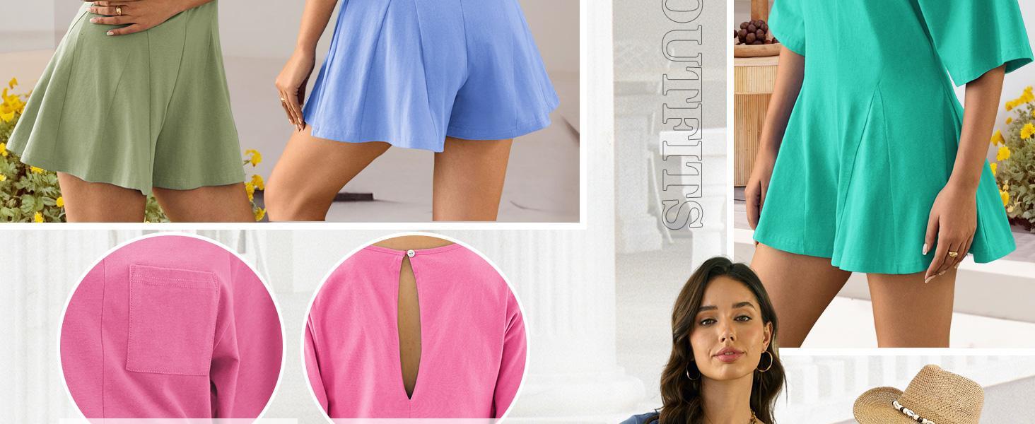 Imily Bela  Rompers for Women 2025 Spring Outfits Summer Casual Short Sleeve Crew Neck Loose Jumpsuits with Pocke