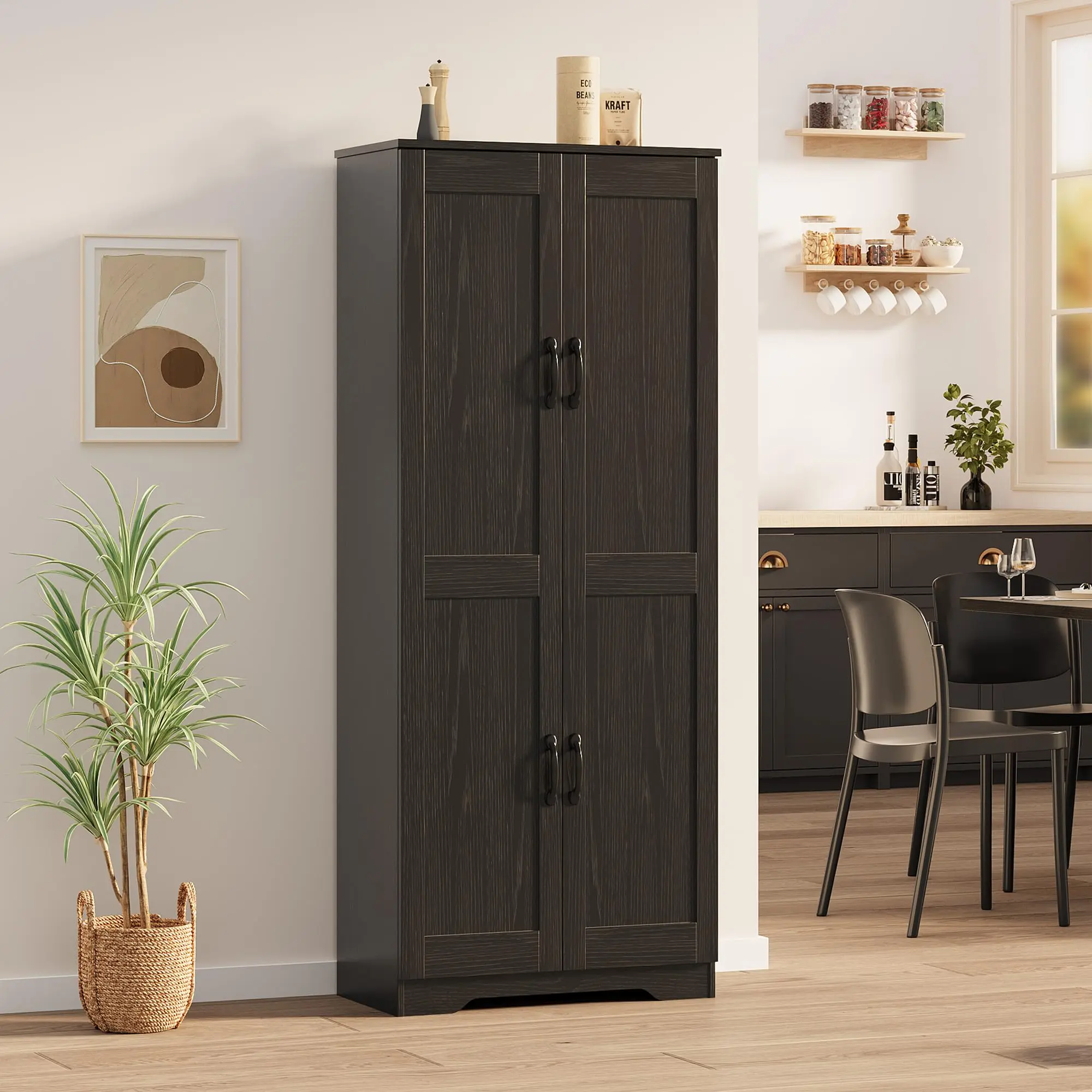 Garvee Kitchen Pantry Cabinet 152 cm, Freestanding Tall Storage Unit with 2 Doors, Large Capacity and 3 Adjustable Shelves, Auxiliary Furniture for Kitchen and Dining Room - Black
