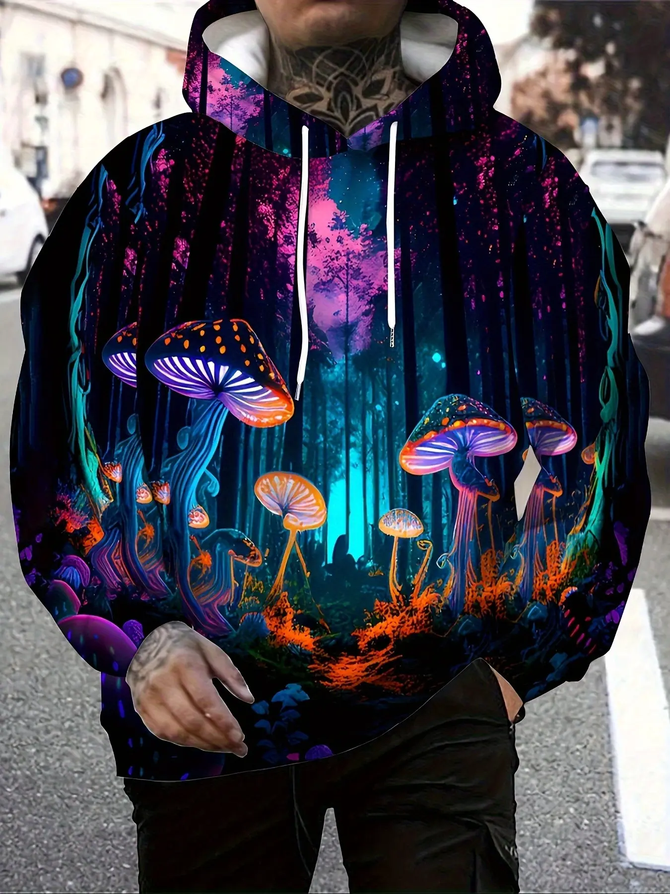 Men's Psychedelic Fantasy Hoodie, 3D All Over Print Glowing Neon Magic Mushroom Dark Night Forest Graphic Drawstring Pullover Hooded Sweatshirt With Front Pocket, Trendy Trippy Streetwear For Daily Wear Party