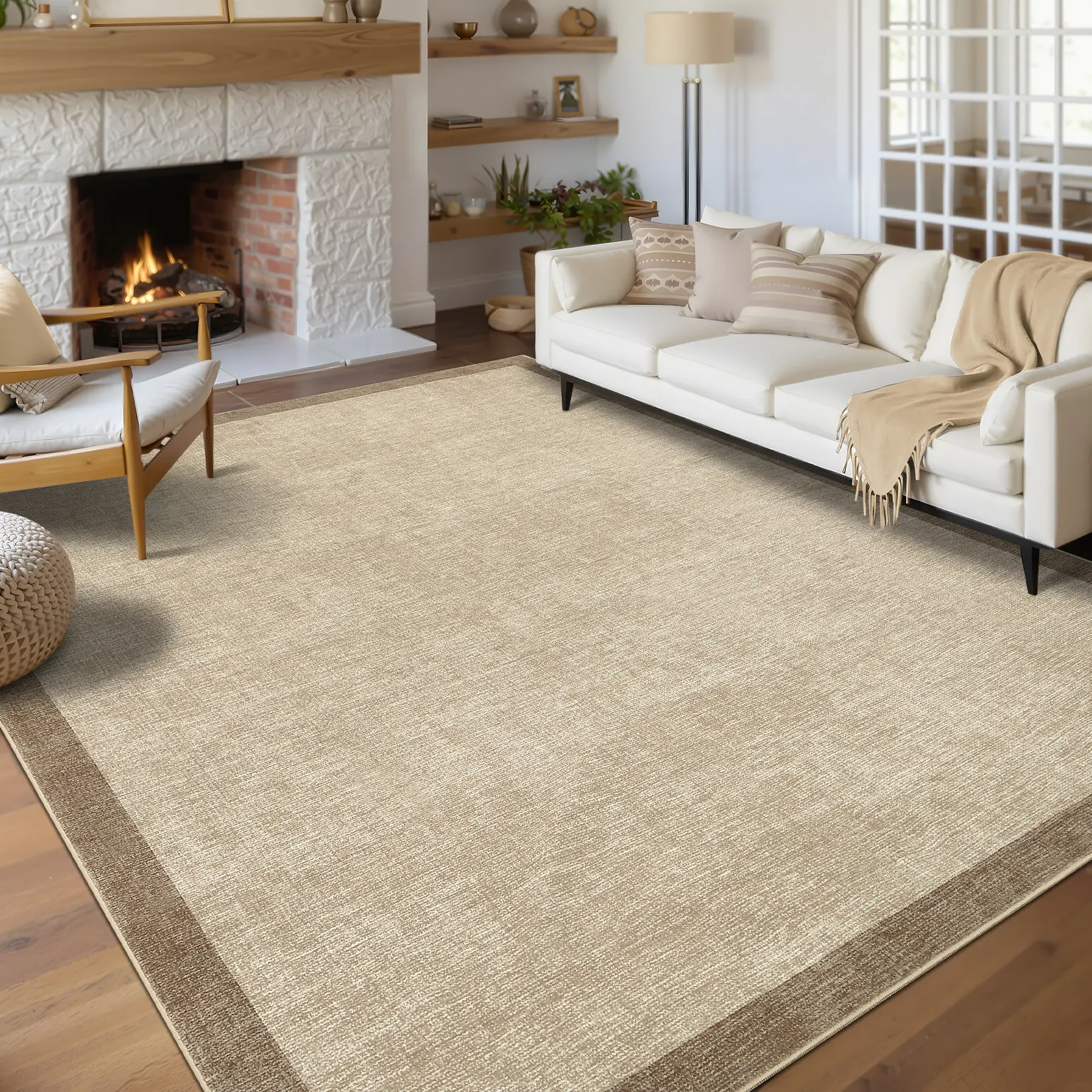 Washable Solid Bordered Rugs for Living Room Bedroom, Soft Low Pile Geometric Area Rug with Non Slip Back Non Shedding Stain Resistant Floor Carpet for Dining Room Farmhouse Home Decor
