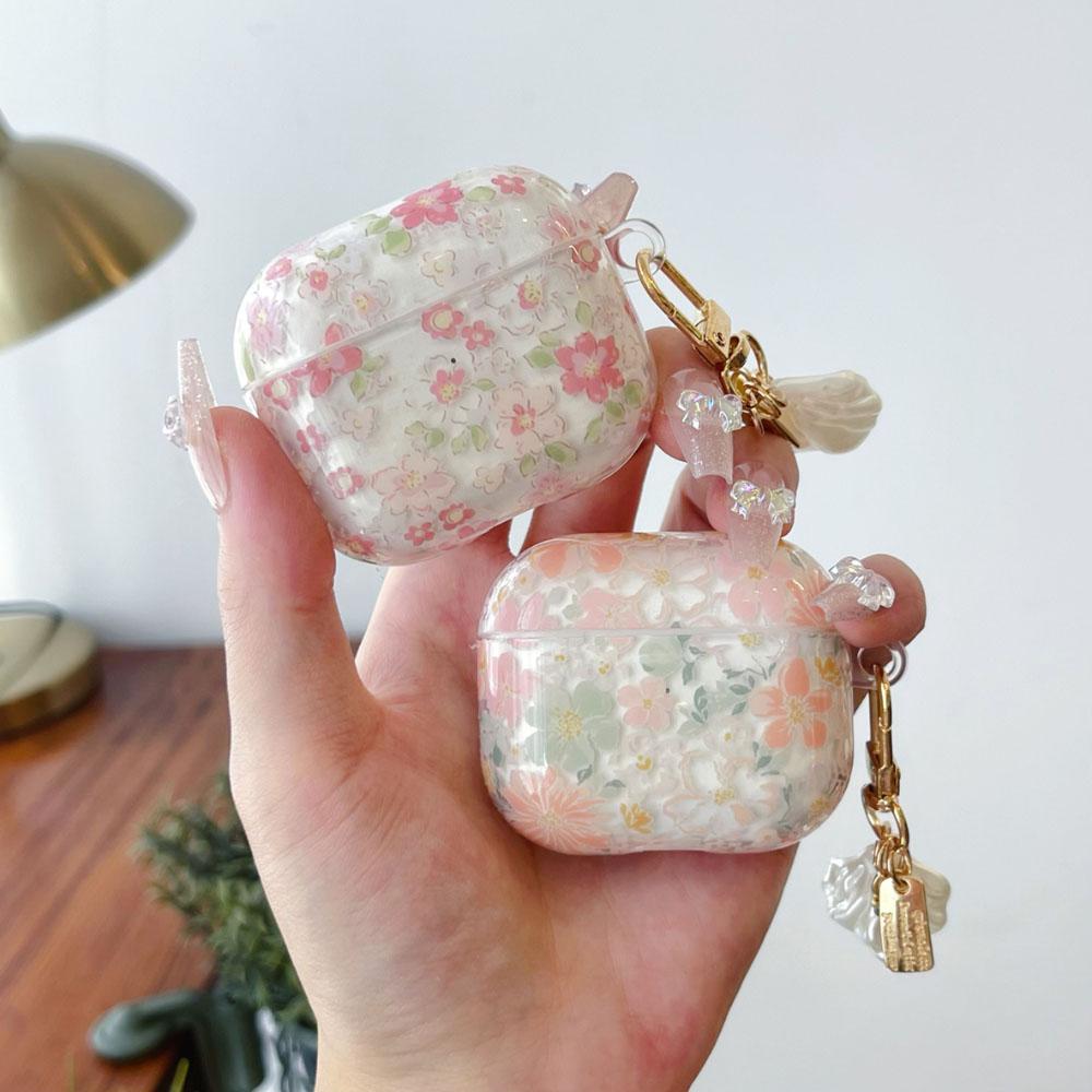 Soft Silicone Earphone Case With Cute Clear Pink Flower Pendant, Protective Cover Compatible With AirPods Series Models, Flexible Anti-Drop Shell For Wireless Charging And Daily Carrying
