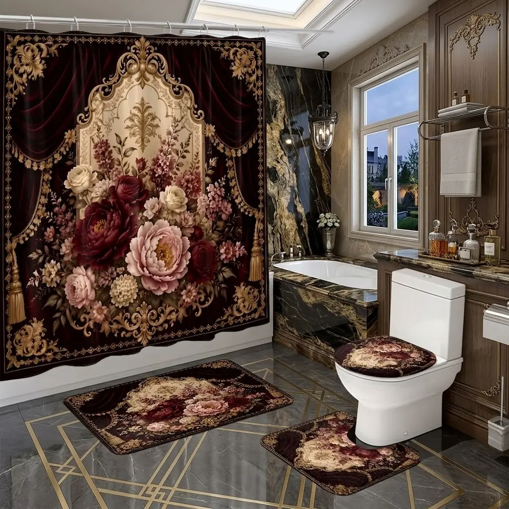 4pcs Vintage Burgundy Curtain Golden Ornament Peony Floral Baroque Print Shower Curtain Set, Shower Curtain Set For Bathroom, Royal Victorian Bathroom Set with Toilet Lid Cover & Matching Floor Mats, Elegant Luxury Home Bathroom Decor