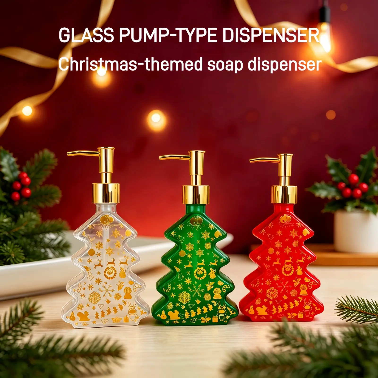 Christmas Tree Glass Soap Dispenser, 300ML Reusable Lotion Bottle, Pump, Bathroom Kitchen Travel Gift, Holiday Decor, Seasonal Soap Dispenser