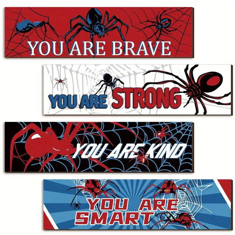 4 Pack Spider Superhero Wooden Wall Signs, Decorative Wall Sign, You Are Brave Strong Kind Smart Positive Affirmation Wood Plaque, Spider Web Hero Themed Wall Decor for Boys Kids Bedroom Playroom Nursery Wall Art Decorations, Decoration Items