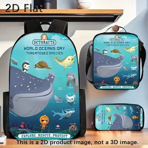 Octonauts World Oceans Day 3-Pcs Kids Backpack Set - 2D Flat Print, 600D Oxford, Lightweight, Padded Straps, Multi-Pocket Combo with School Bag, Lunch Bag, Pencil Case for Ocean Science Cartoon Fans