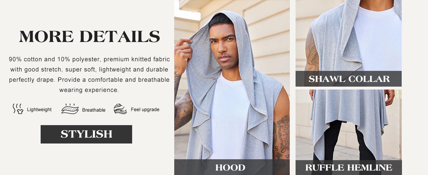 Beotyshow Mens Hooded Cardigan Sleeveless Ruffle Shawl Collar Open Front Knit Drape Robe Knitwear Menswear