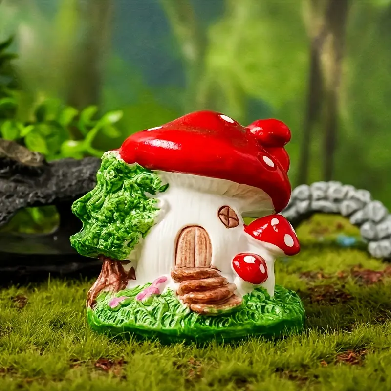 Collectible Figurines ，Fantasy Mushroom House Resin Figurine | Whimsical Fairy-Tale Garden Decor | Red & White with Green Foliage Accents | Enchanted Forest Theme | Ideal for Home & Office Display | No Power Needed, Garden Figurine | Charmi