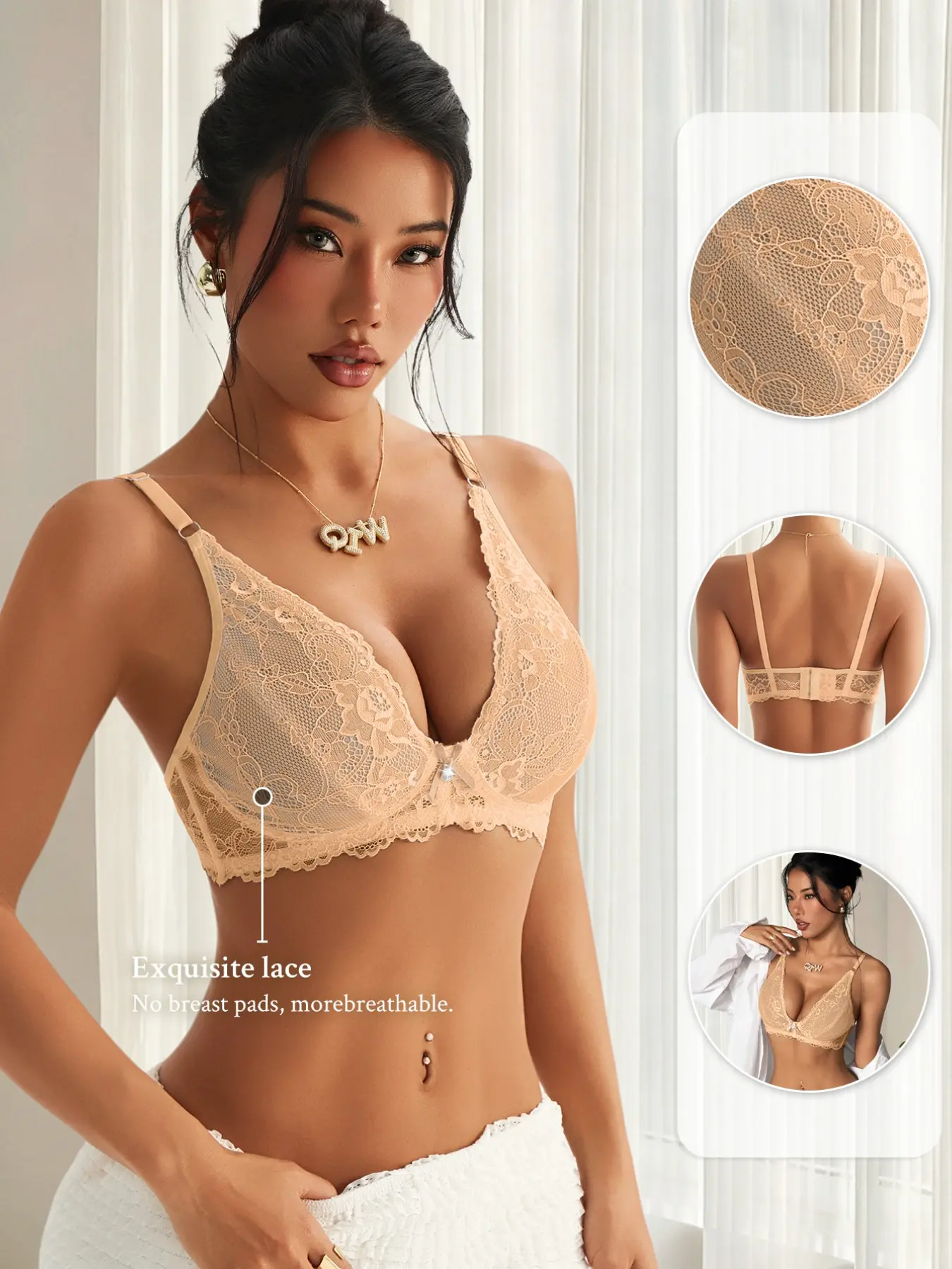 Women's French Triangle Bra, V-Neck Sexy Lingerie, Bow Pendant, Mesh Patchwork, Dual Layer Inner, Lightweight Comfort, Side Bone Support