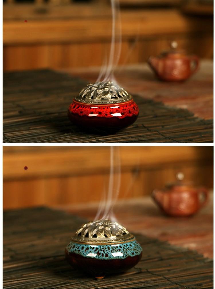 Ceramic Incense Burner for Sandalwood & Coil Incense Retro Alloy Lid Ice Crack Kiln Glaze Small Aromatherapy Furnishing Ornament Censer holder