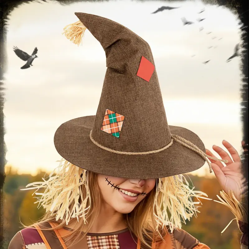 Vintage Scarecrow Wizard Hat with Straw Detail Halloween Cosplay Fancy Dress Party Prop