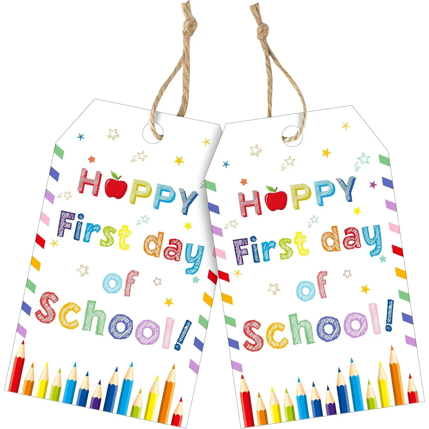 to School  Tags,50 PCS  of School Gifts Tags with 10m String for Students, Teachers, and Classroom  Bags (Happy )