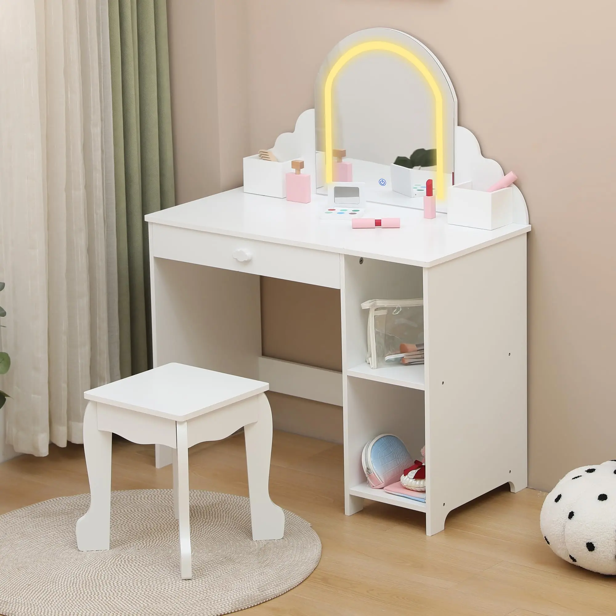 Wavy Vanity Table with LED Mirror, Pink, White, Purple, 39.5 Inches Tall, Accessories Included