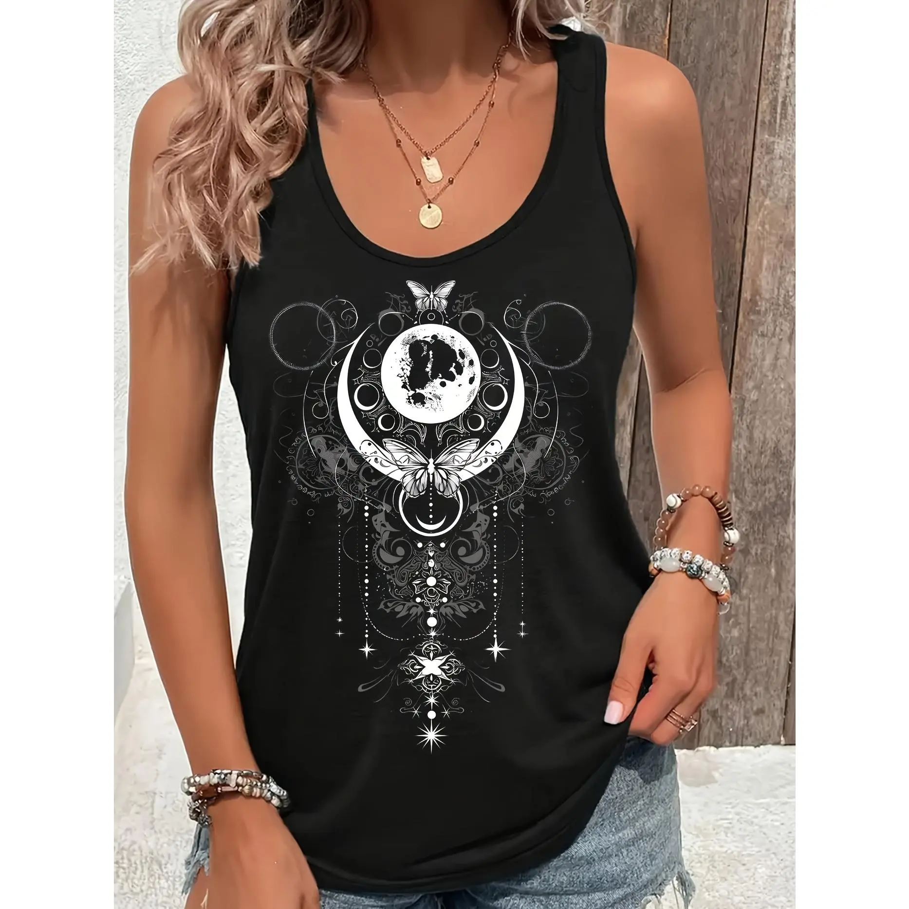 Women's Gothic Knit Tank Top with Moon, Butterfly & Letter Print, Casual Slim Fit Sleeveless Crew Neck Vest, Fabric, Tops, Polyester, Elastane, Letters
