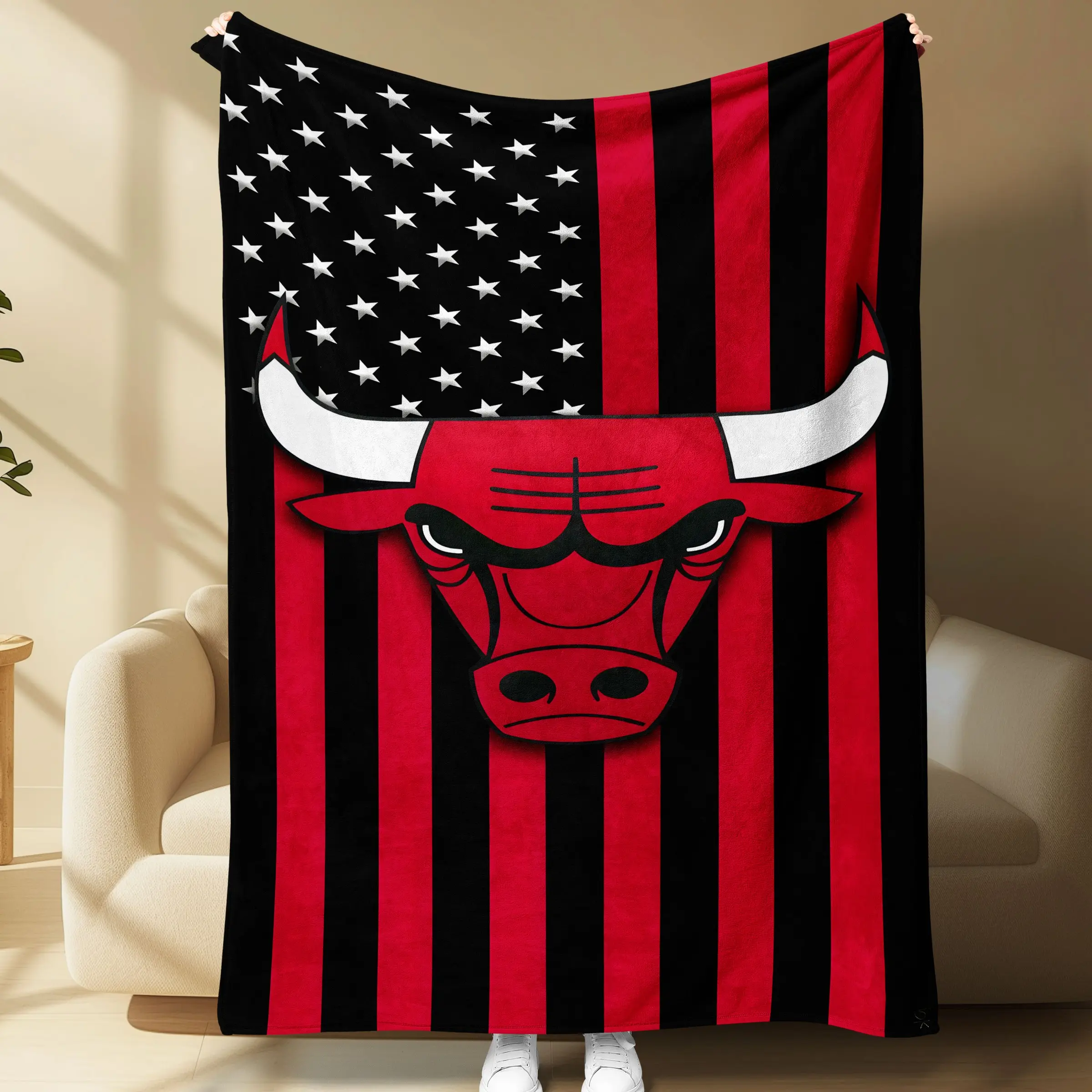 Chicago Bulls American Flag Blanket, Cozy Fleece Throw for Sofa and Bed, Travel and Sports Fan Gifts, Soft and Warm Covering