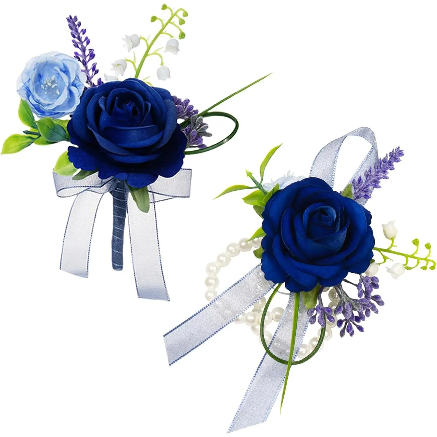 Navy Blue Corsage and Boutonniere Set, Silk Prom Corsage Wristlet Band Bracelet for Homecoming, Wedding, Prom Suit Accessories