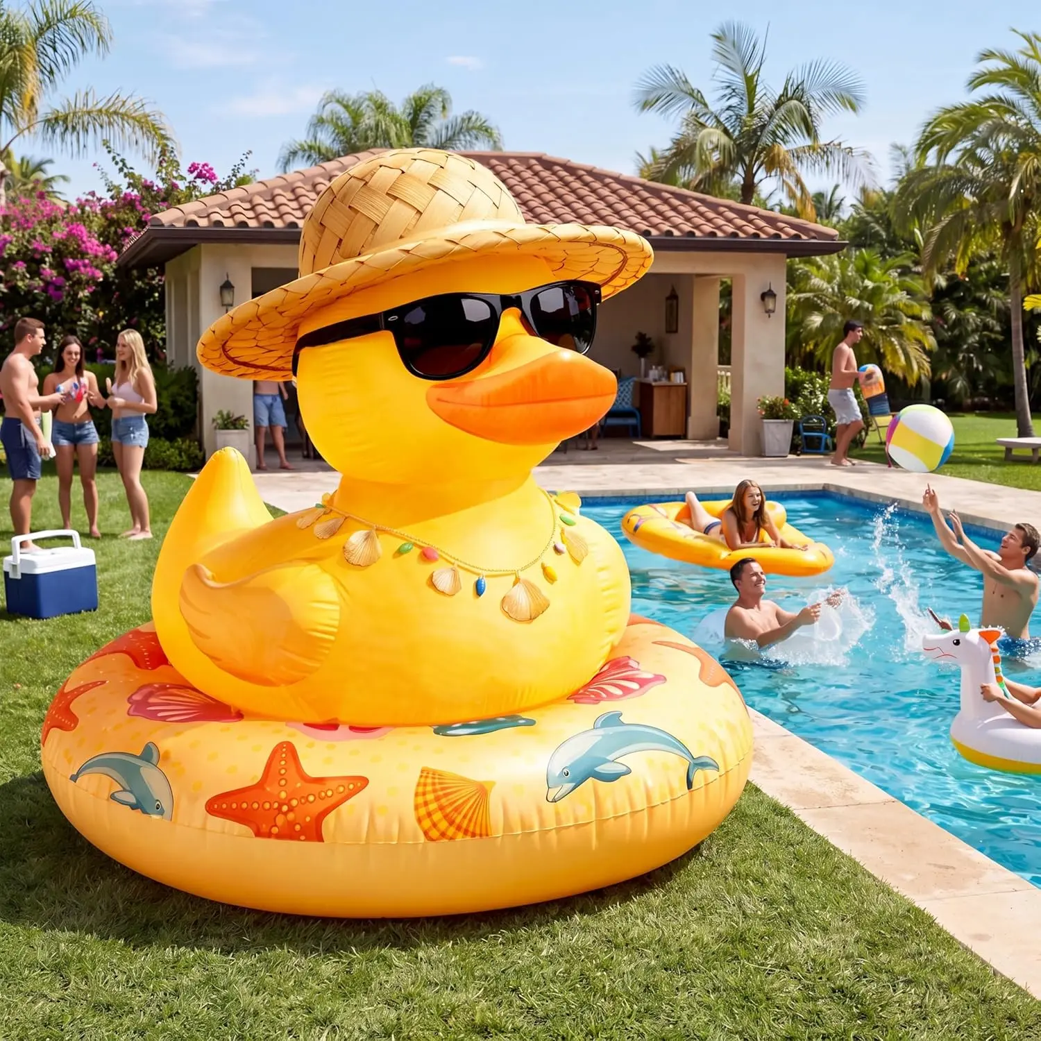6Ft Summer Yellow Duck Inflatable with Built in LED Lights Duck with Sun Hat Sunglasses Blow-Up Lawn Decoration for Summer Pool Beach Party Home Garden Yard Indoor Outdoor Decor