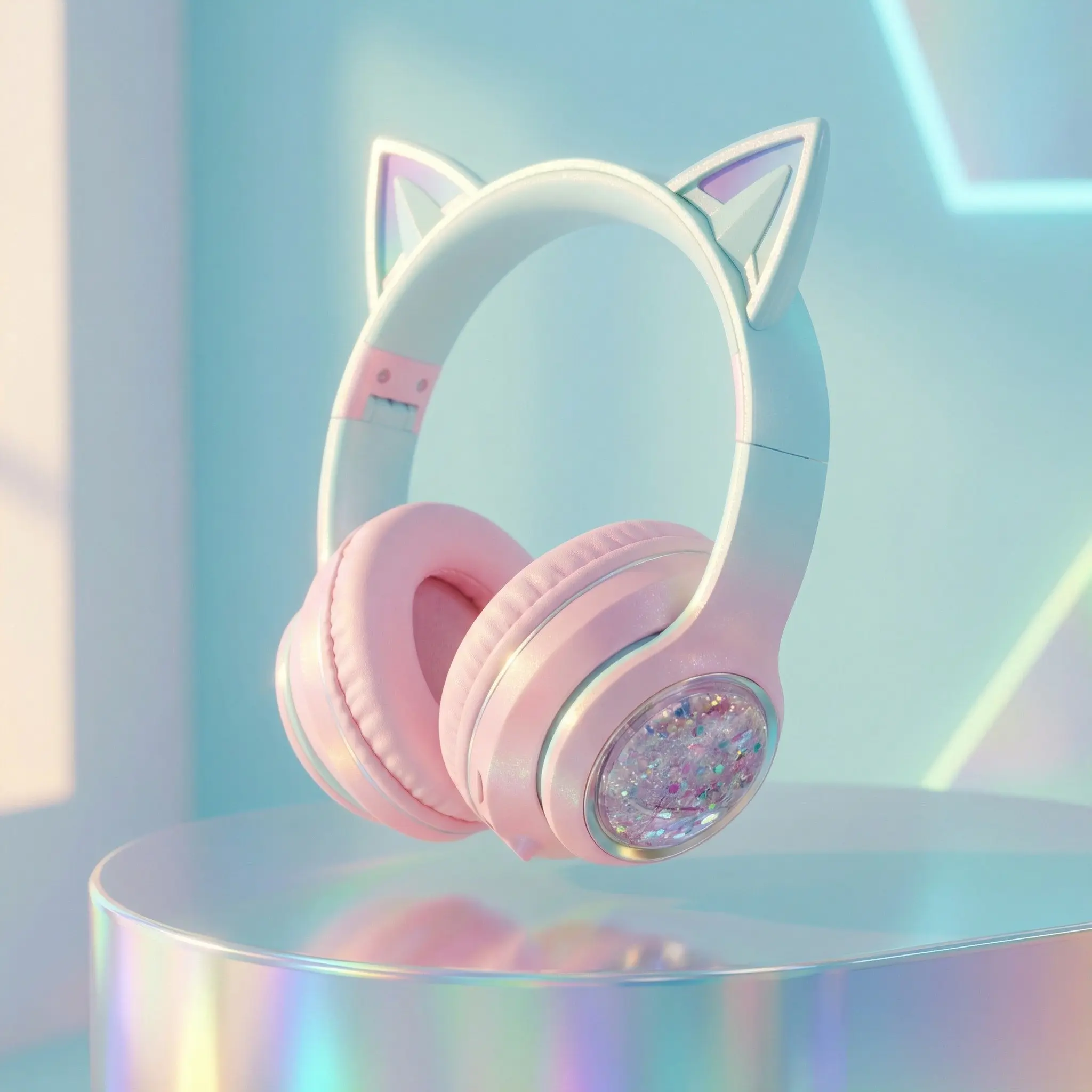 Cute Cat Ear Bluetooth Headphones, Electronic Wireless Over-Ear Headphones with Shiny Quicksand Glitter, Foldable Gaming Headset with Comfortable Earpads for Girls, Teens & Kids, Perfect for Gaming, Music, School & Travel, Wireless BT Headset