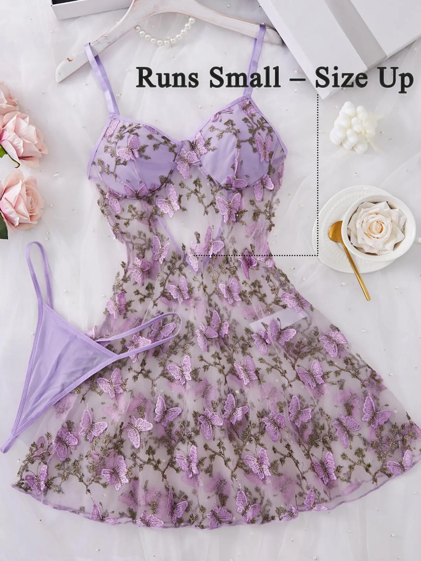 Women's Butterfly Embroidery Cami Spaghetti Strap Nightdress & Thong Sexy Feminine Lingerie Set Underwear, Comfy Breathable Fitted Elegant Nighty Dress Set, Ladies Soft Sleepwear for All Seasons, Womenswear, Chemise Nightgown