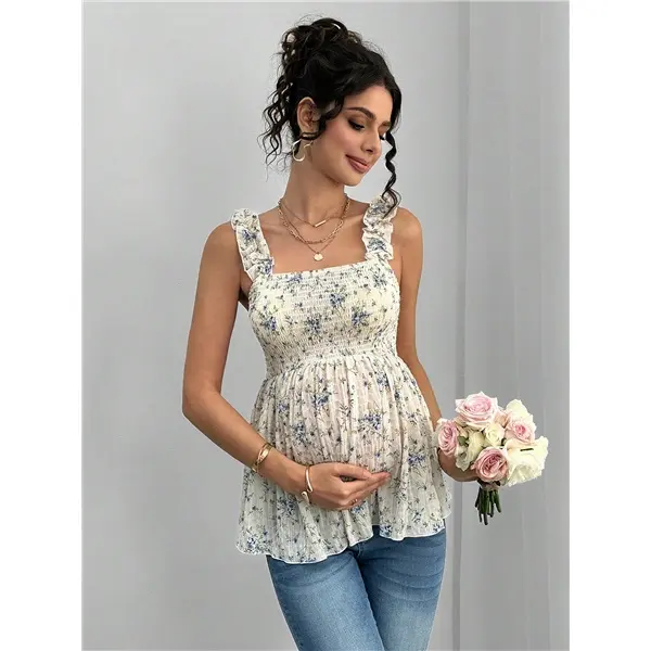 Maternity Printed Square Neck Cami Top, Soft Stretchy A-Line Maternity Tank Vest, Comfort Sleeveless Pregnancy Blouse for Pregnant Women